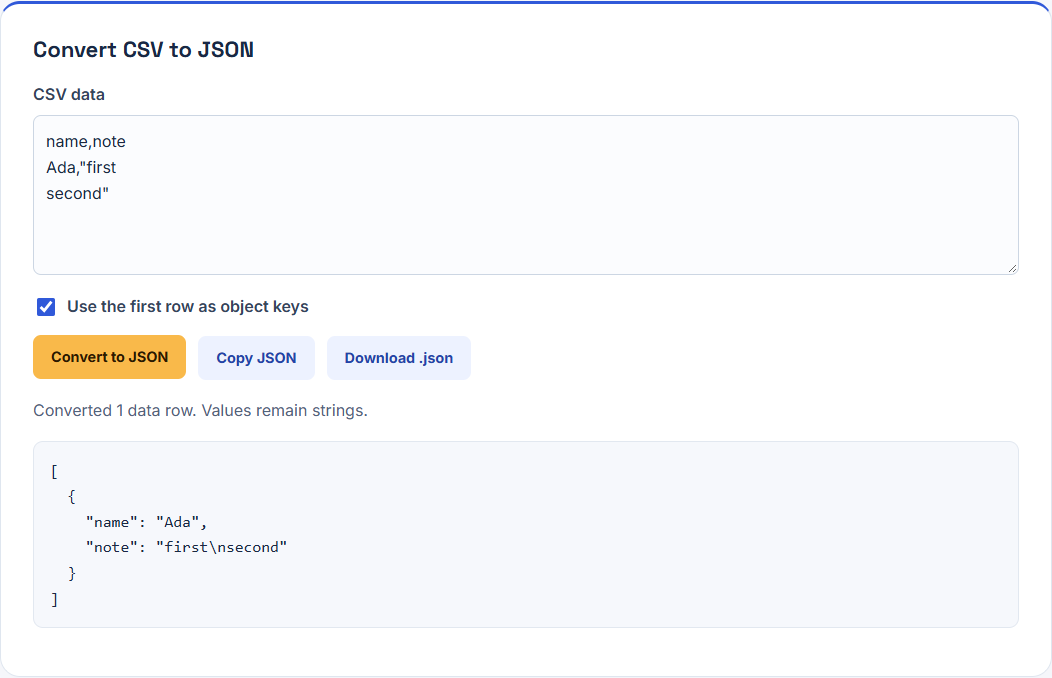 Actual CSV conversion with a newline inside a quoted field preserved in JSON.