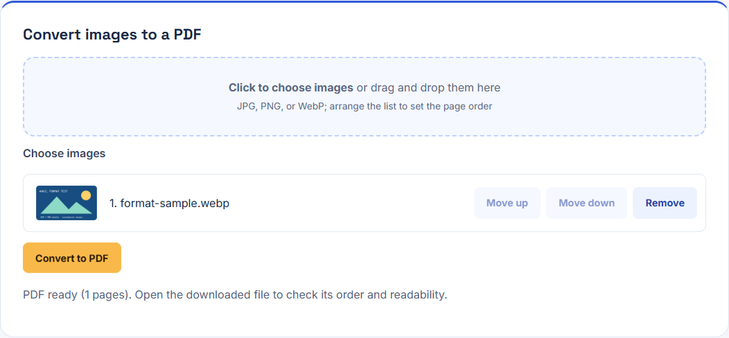 Recorded output for JPEG, PNG, and WebP conversion evidence