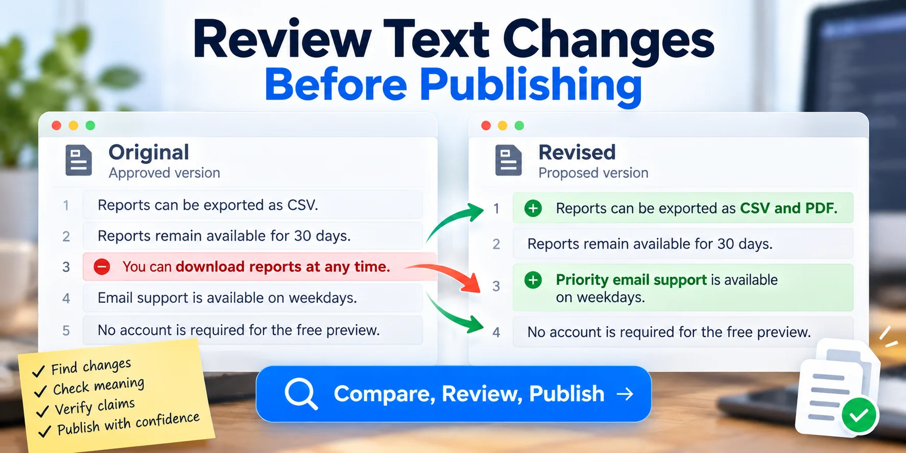 Side-by-side comparison of original and revised website copy, highlighting removed, added, and unchanged lines during an editorial review before publishing.