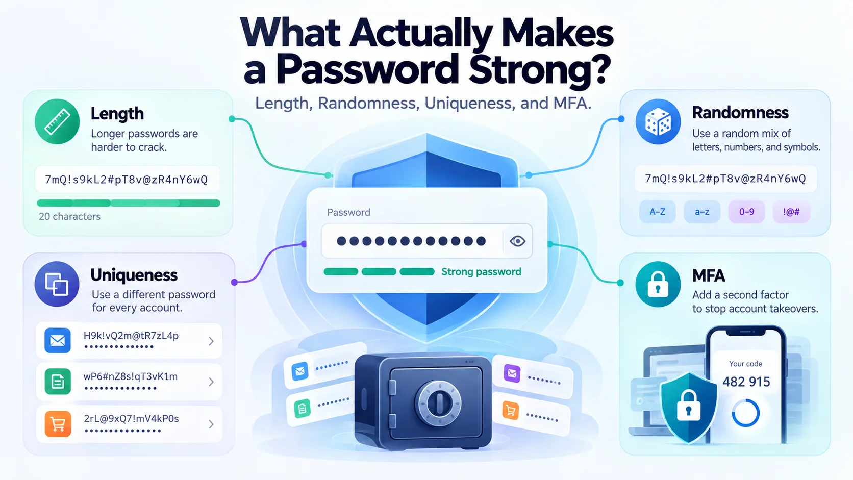 Password security illustration showing a long random password protected by unique account credentials, a password manager, multi-factor authentication, and secure recovery.