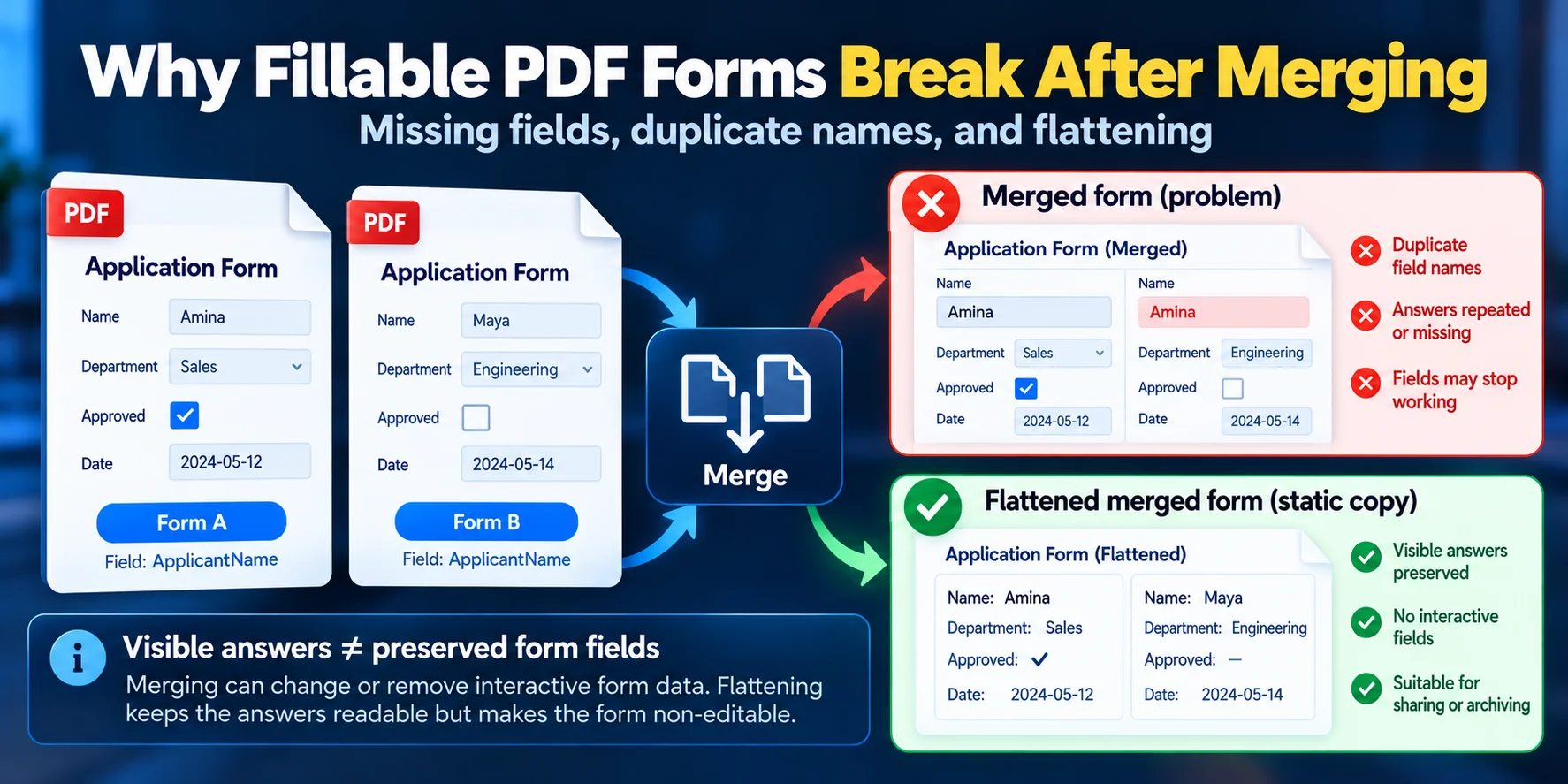 Two completed fillable PDF forms being combined, illustrating duplicate field names, missing interactive fields, and the difference between preserving form data and flattening completed forms.